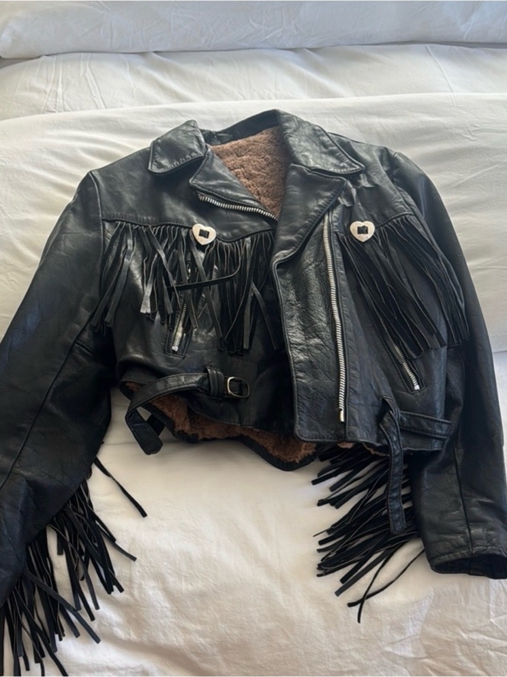 Vintage Black Leather Fringe Motorcycle Jacket Made in Italy Rare One of a K